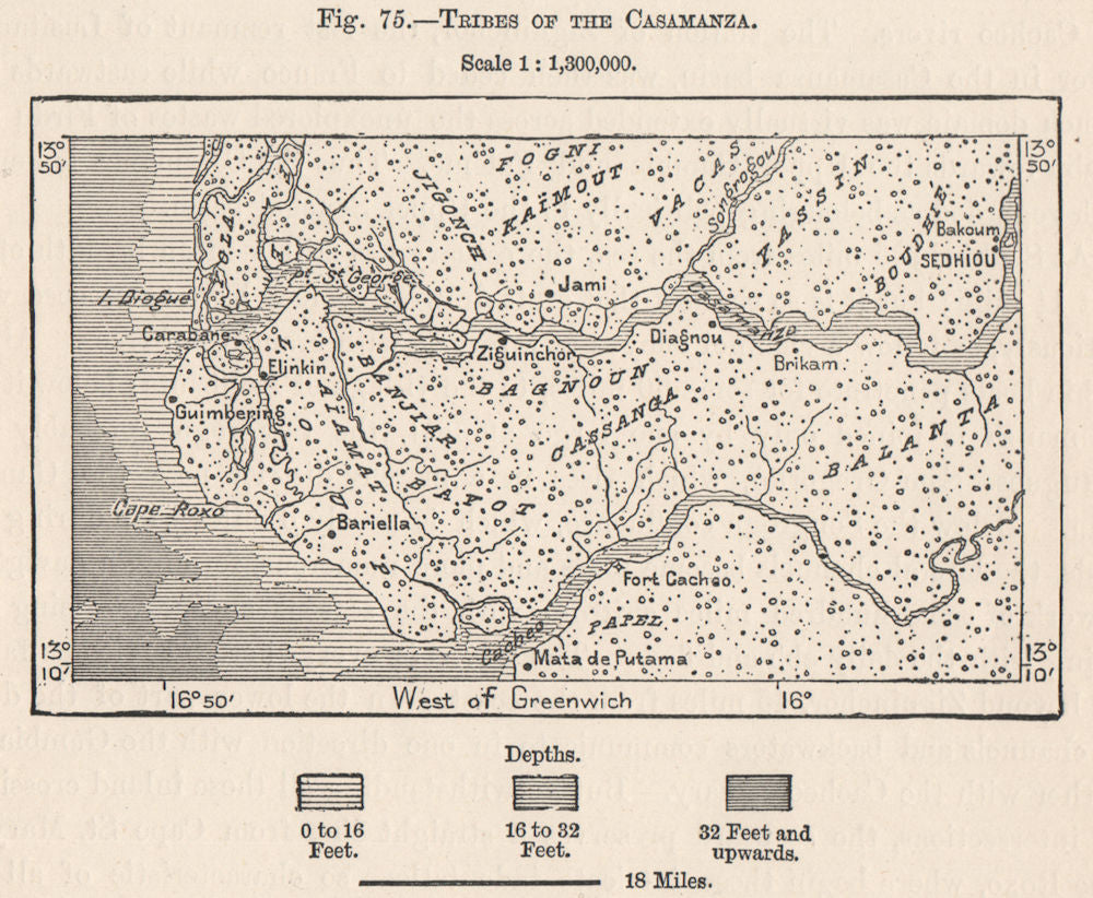 Tribes of the Casamanza/Casamance. Senegal/Guinea-Bissau 1885 old antique map
